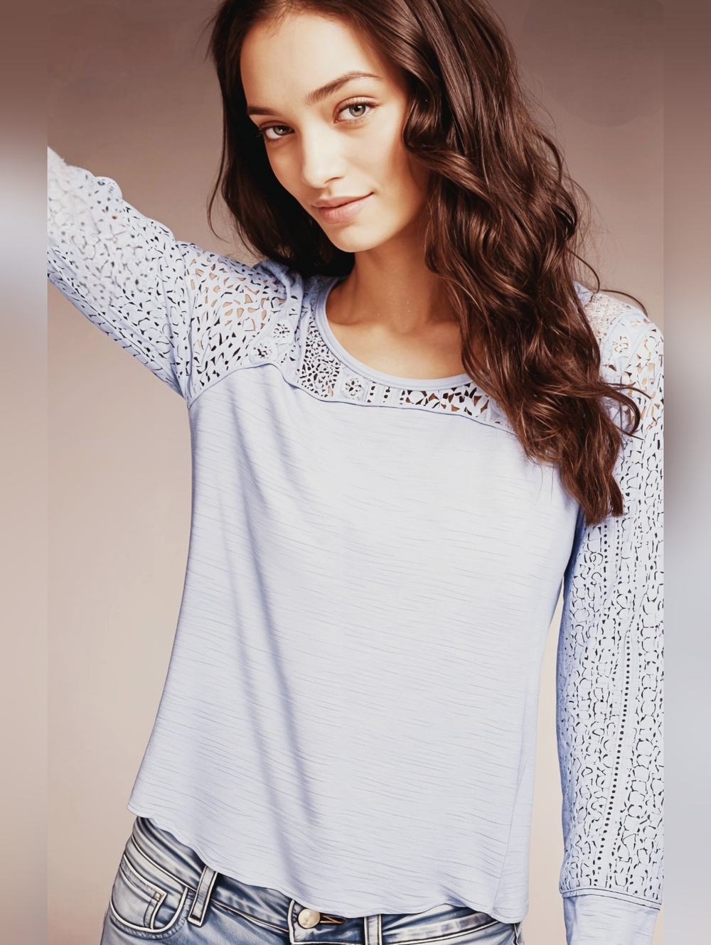 Maurices Creamy Lavender Long Sleeve Tee With Lace Detailing